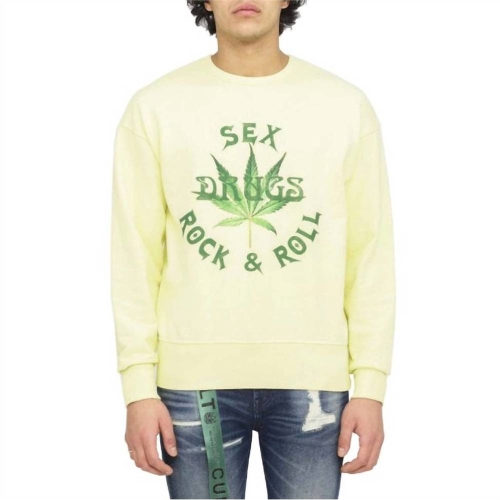 Cult of Individuality Cream and Green Crewneck Sweater with Graphic Design